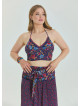 Halter Neck Open Back Pink Floral Plus Size Crop Blouse 4616